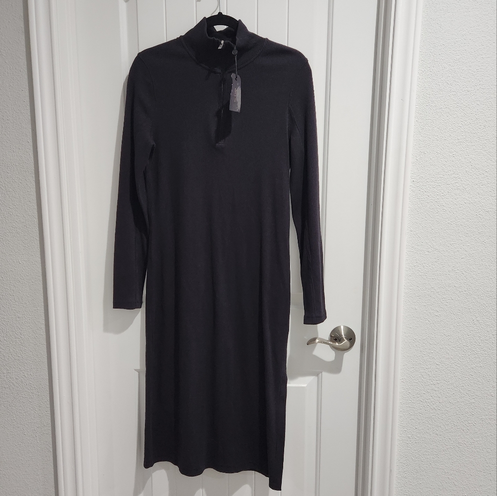 NWT Rag and Bone Black Ribbed Long‎ Sleeve Midi Zip Collar Dress size large $275 - Picture 3 of 6